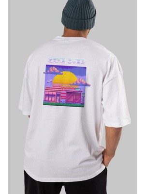 ankhisesGame Over Yazılı Arka Baskılı Beyaz Oversize T-Shirt Erkek Kadın Bisiklet Yaka