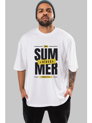 ankhises Summer Vibes 2 Yazılı Ön Baskılı Beyaz Oversize T-Shirt Erkek Kadın Bisiklet Yaka