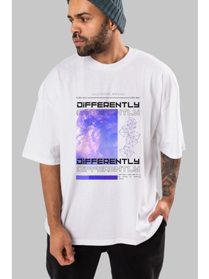 ankhises Differently Yazılı Ön Baskılı Beyaz Oversize T-Shirt Erkek Kadın Bisiklet Yaka