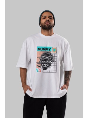 ankhises The Mummy Ön Baskılı Beyaz Oversize T-Shirt  Erkek Kadın Bisiklet Yaka