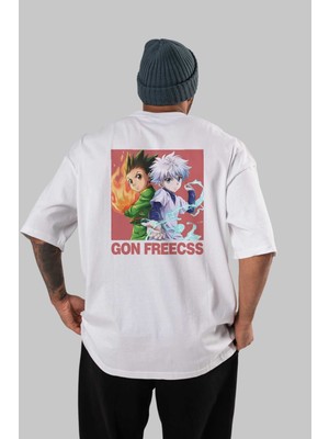 ankhisesGon Freecss Hunter x Hunter 4 Anime Arka Baskılı Beyaz Oversize T-Shirt  Pamuk Erkek Kadın