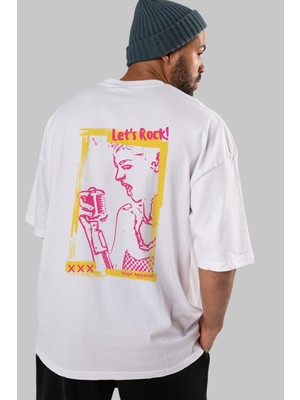ankhises Let's Rock Yazılı Arka Baskılı Beyaz Oversize T-Shirt Erkek Kadın Bisiklet Yaka