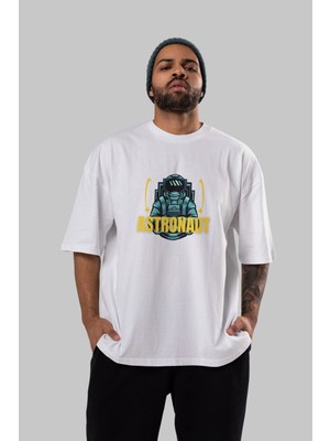 ankhises Astronaut Ön Baskılı Beyaz Oversize T-Shirt Erkek Kadın Bisiklet Yaka
