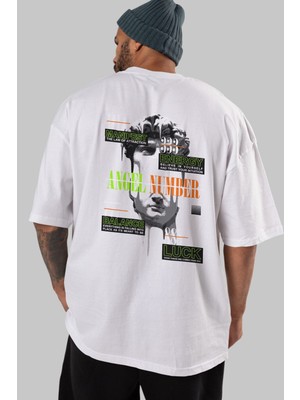 ankhises Angel Number Arka Baskılı Beyaz Oversize T-Shirt  Erkek Kadın Bisiklet Yaka
