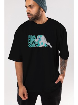 ankhises Real Hero Yazılı Ön Baskılı Siyah Oversize T-Shirt  Erkek Kadın Bisiklet Yaka