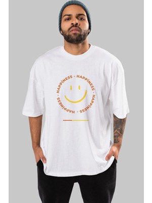 ankhises Happiness Smile Yazılı Ön Baskılı Beyaz Oversize T-Shirt Erkek Kadın Bisiklet Yaka
