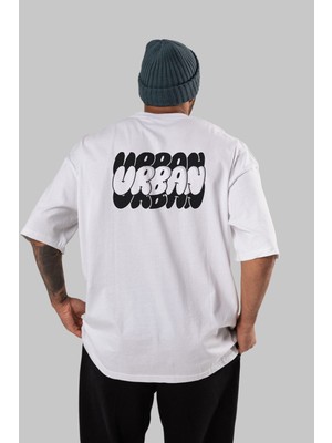ankhisesUrban Yazılı Arka Baskılı Beyaz Oversize T-Shirt Erkek Kadın Bisiklet Yaka