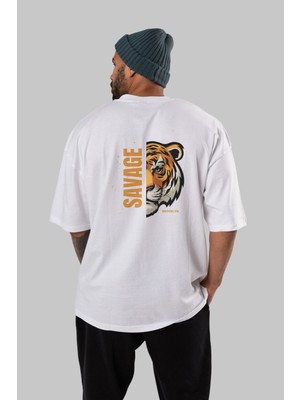 ankhisesSavage Brooklyn Yazılı Arka Baskılı Beyaz Oversize T-Shirt Erkek Kadın Bisiklet Yaka