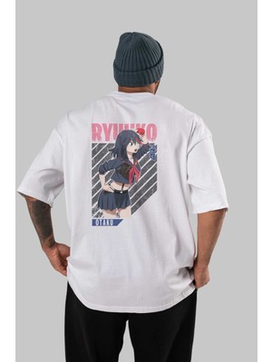 ankhisesRyuuko Matoi 6 Anime Arka Baskılı Beyaz Oversize T-Shirt  Pamuk Erkek Kadın