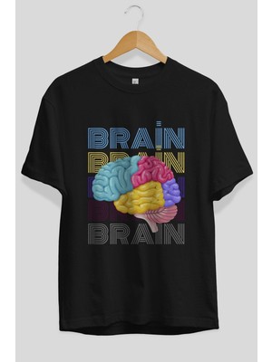 ankhises Brain Yazılı Ön Baskılı Siyah Oversize T-Shirt  Erkek Kadın Bisiklet Yaka