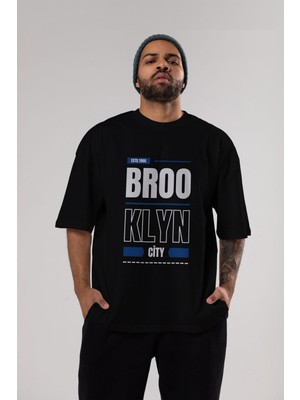 ankhises Brooklyn City Yazılı Ön Baskılı Siyah Oversize T-Shirt  Erkek Kadın Bisiklet Yaka
