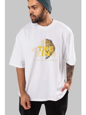 ankhises I Am The King Yazılı Ön Baskılı Beyaz Oversize T-Shirt Erkek Kadın Bisiklet Yaka