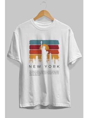 ankhises New York Yazılı Ön Baskılı Beyaz Oversize T-Shirt Erkek Kadın Bisiklet Yaka