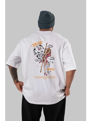 ankhises Zeus Nami Anime Arka Baskılı Beyaz Oversize T-Shirt  Pamuk Erkek Kadın