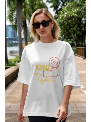 ankhises Kaslı ve Öfkeli Yazılı Ön Baskılı Beyaz Oversize T-Shirt Erkek Kadın Bisiklet Yaka