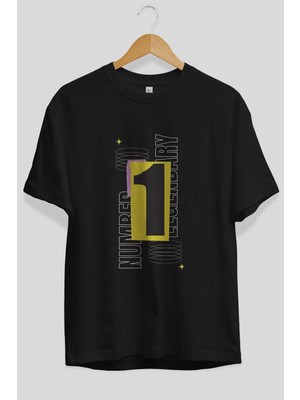 ankhises Number 1 Yazılı Ön Baskılı Siyah Oversize T-Shirt  Erkek Kadın Bisiklet Yaka
