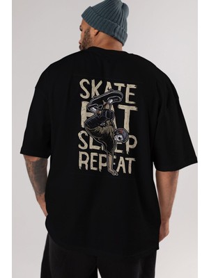 ankhises Skate Eat Sleep Repeat Arka Baskılı Siyah Oversize T-Shirt  Erkek Kadın Bisiklet Yaka
