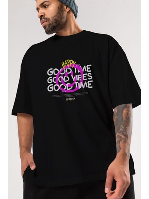 ankhisesHappy Good Time Yazılı Ön Baskılı Siyah Oversize T-Shirt  Erkek Kadın Bisiklet Yaka