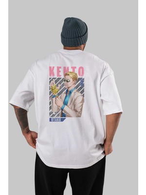 ankhises Kento Nanami Anime Arka Baskılı Beyaz Oversize T-Shirt  Pamuk Erkek Kadın