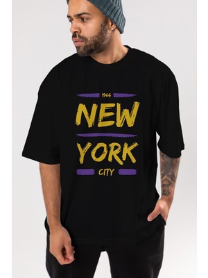 ankhisesNew York City Ön Baskılı Siyah Oversize T-Shirt  Erkek Kadın Bisiklet Yaka