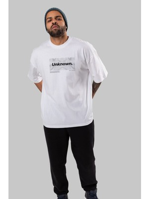 ankhises Unknown Yazılı Ön Baskılı Beyaz Oversize T-Shirt Erkek Kadın Bisiklet Yaka