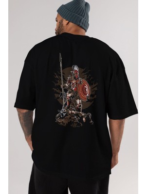 ankhises Sparta Arka Baskılı Siyah Oversize T-Shirt  Erkek Kadın Bisiklet Yaka