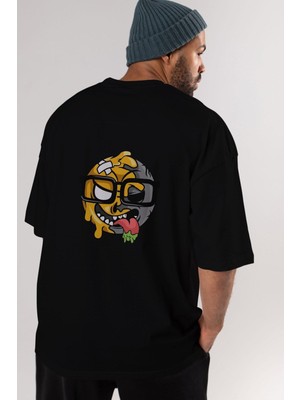 ankhises Smiley Nerd Arka Baskılı Siyah Oversize T-Shirt  Erkek Kadın Bisiklet Yaka