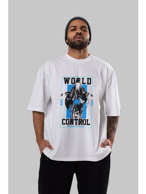 ankhisesWorld Control Ön Baskılı Beyaz Oversize T-Shirt  Erkek Kadın Bisiklet Yaka