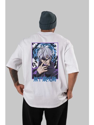 ankhises Satoru Gojo 3 Anime Arka Baskılı Beyaz Oversize T-Shirt  Pamuk Erkek Kadın
