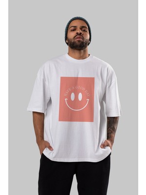 ankhises Have A Good Day Yazılı Ön Baskılı Beyaz Oversize T-Shirt Erkek Kadın Bisiklet Yaka