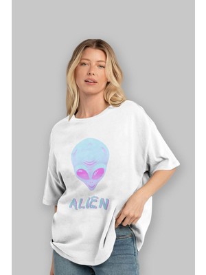 ankhisesAlien Ön Baskılı Beyaz Oversize T-Shirt Erkek Kadın Bisiklet Yaka