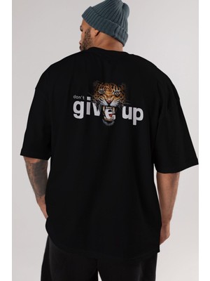 ankhises Teddy Bear Dont Give Up Arka Baskılı Siyah Erkek Kadın Bisiklet Yaka Oversize T-Shirt