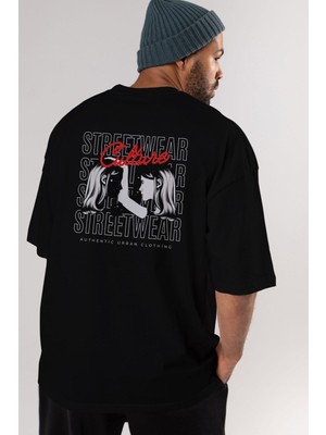 ankhises Culture Streetwear Yazılı Arka Baskılı Siyah Oversize T-Shirt Erkek Kadın Bisiklet Yaka