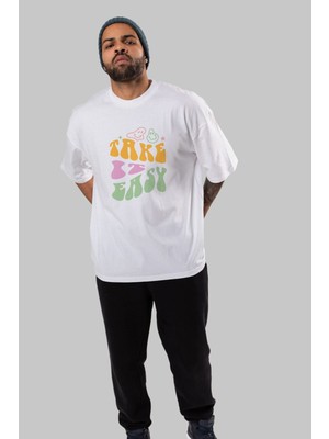 ankhises Take It Easy Yazılı Ön Baskılı Beyaz Oversize T-Shirt Erkek Kadın Bisiklet Yaka
