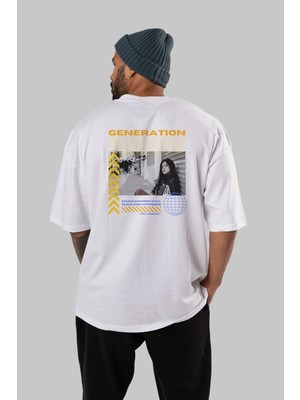 ankhisesGeneration Yazılı Arka Baskılı Beyaz Oversize T-Shirt Erkek Kadın Bisiklet Yaka