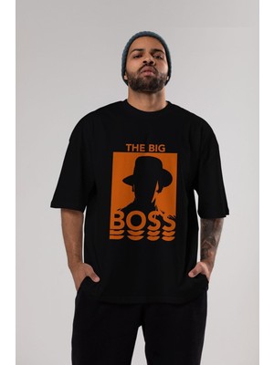 ankhisesThe Big Boss Ön Baskılı Siyah Oversize T-Shirt  Erkek Kadın Bisiklet Yaka