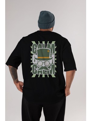 ankhisesCalm Yazılı Arka Baskılı Siyah Oversize T-Shirt Erkek Kadın Bisiklet Yaka