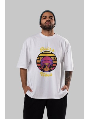 ankhises Cat Retro Vibes Ön Baskılı Beyaz Oversize T-Shirt Erkek Kadın Bisiklet Yaka