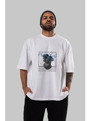 ankhises Good Think Yazılı Ön Baskılı Beyaz Oversize T-Shirt Erkek Kadın Bisiklet Yaka