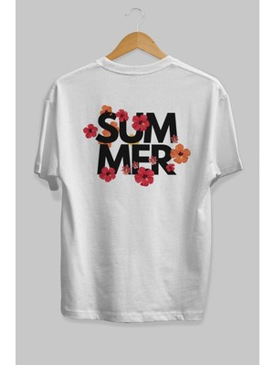 ankhisesSummer Yazılı 2 Arka Baskılı Beyaz Oversize T-Shirt Erkek Kadın Bisiklet Yaka