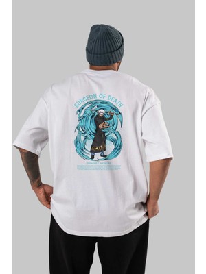 ankhises Trafalgad D. Water Law Anime Arka Baskılı Beyaz Oversize T-Shirt  Pamuk Erkek Kadın