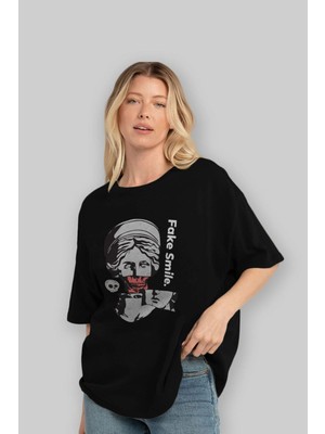 ankhisesFake Smile Yazılı Ön Baskılı Siyah Oversize T-Shirt  Erkek Kadın Bisiklet Yaka