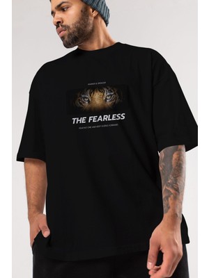ankhisesThe Fearless Yazılı Ön Baskılı Siyah Oversize T-Shirt  Erkek Kadın Bisiklet Yaka