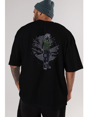 ankhisesShınobı Arka Baskılı Siyah Oversize T-Shirt  Erkek Kadın Bisiklet Yaka