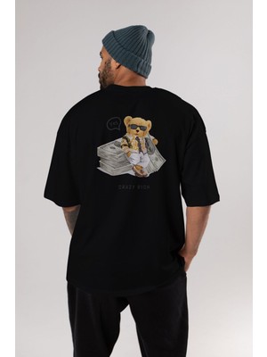 ankhises Teddy Bear Crazy Rich Arka Baskılı Siyah Erkek Kadın Bisiklet Yaka Oversize T-Shirt