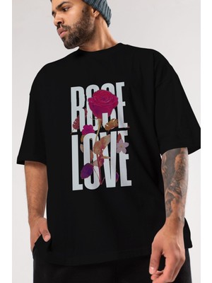 ankhises Rose Love Ön Baskılı Siyah Oversize T-Shirt  Erkek Kadın Bisiklet Yaka