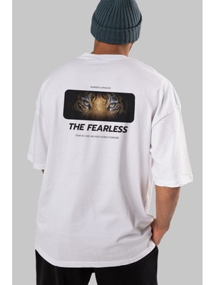 ankhises The Fearless Yazılı Arka Baskılı Beyaz Oversize T-Shirt Erkek Kadın Bisiklet Yaka