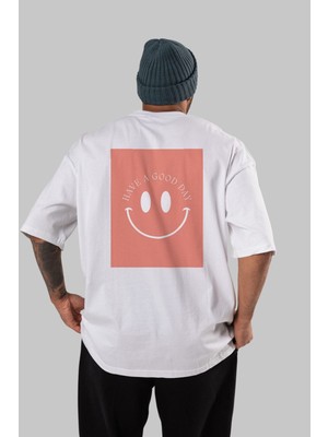 Ankhises Have A Good Day Yazılı Arka Baskılı Beyaz Oversize T-Shirt Erkek Kadın Bisiklet Yaka