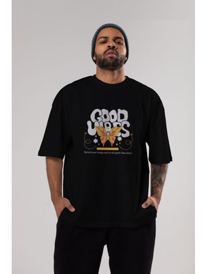 ankhises Good Vibes Yazılı Ön Baskılı Siyah Oversize T-Shirt  Erkek Kadın Bisiklet Yaka