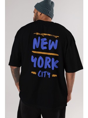 ankhises New York City Arka Baskılı Siyah Oversize T-Shirt Erkek Kadın Bisiklet Yaka
